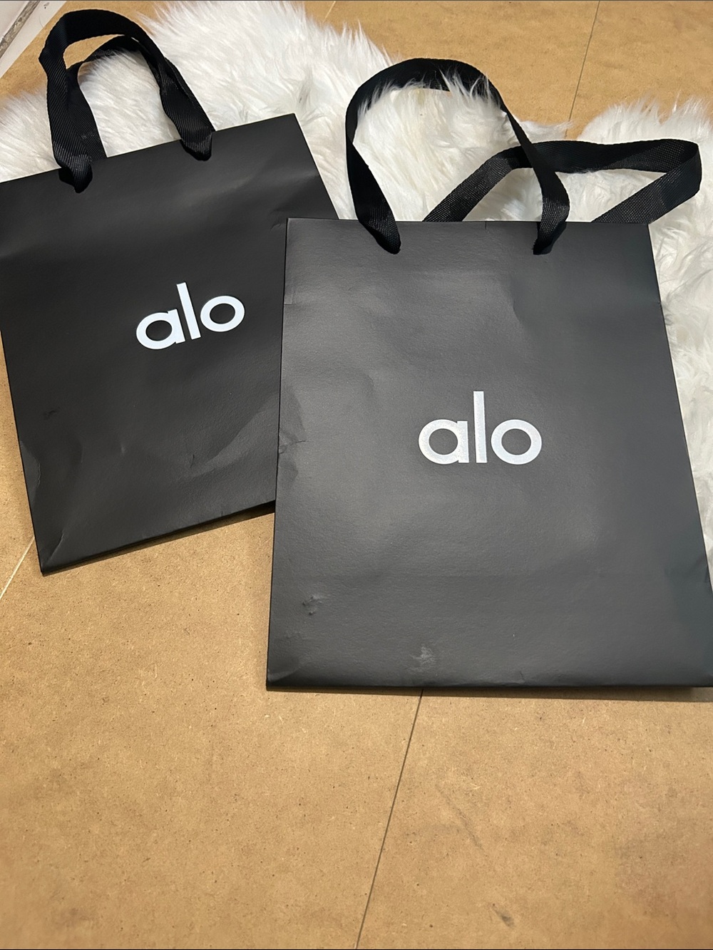 A/O shopping paper bag in black with ribbons handle lot of two 8”x10”